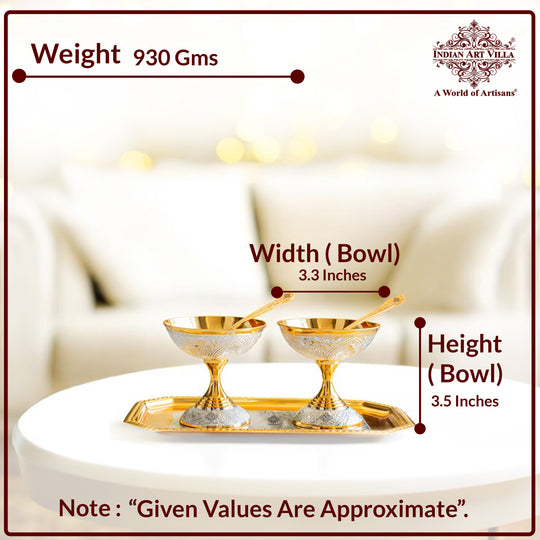 Pure Silver Plated Gold Polished 2 Ice Cream Bowl with 2 spoon & 1 tray