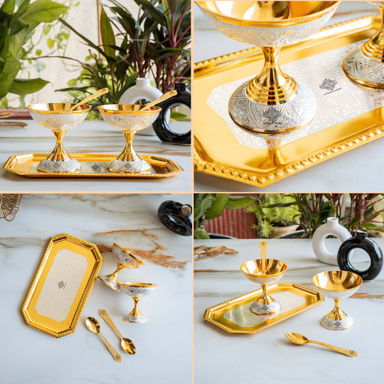 Pure Silver Plated Gold Polished 2 Ice Cream Bowl with 2 spoon & 1 tray
