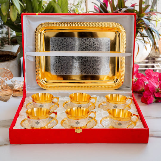 Pure Silver Plated Gold Polished 6 Cup Saucers with 1 Tray