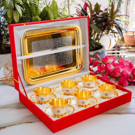 Pure Silver Plated Gold Polished 6 Cup Saucers with 1 Tray