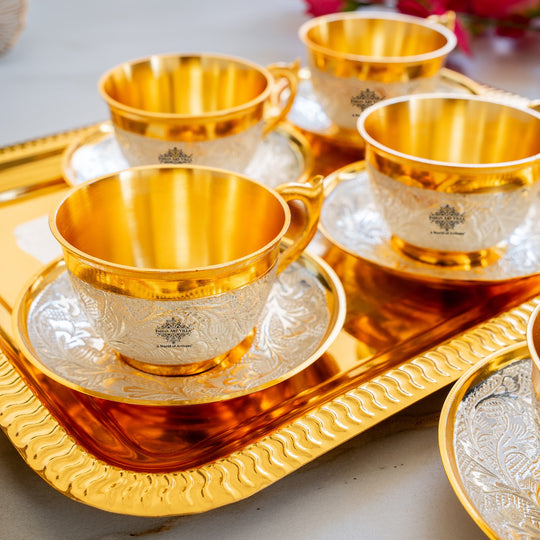Pure Silver Plated Gold Polished 6 Cup Saucers with 1 Tray