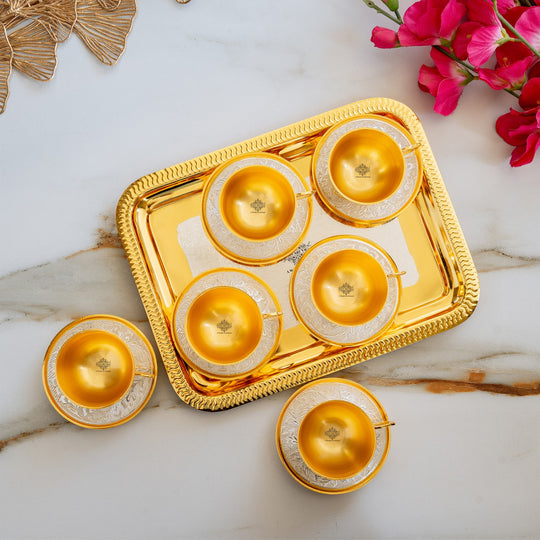 Pure Silver Plated Gold Polished 6 Cup Saucers with 1 Tray