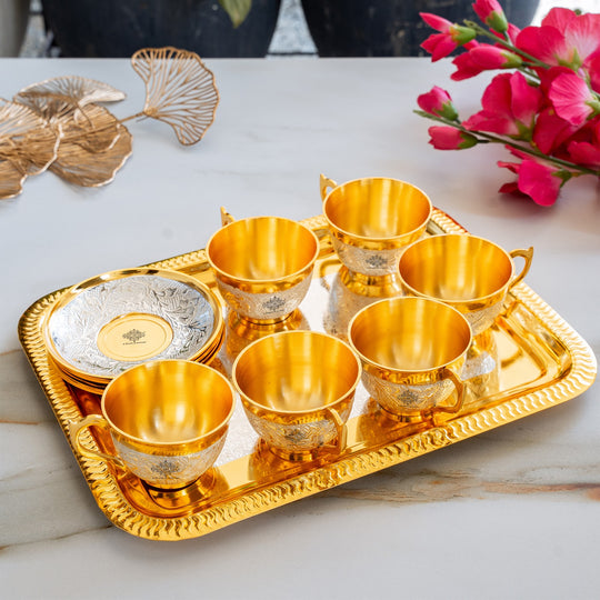 Pure Silver Plated Gold Polished 6 Cup Saucers with 1 Tray