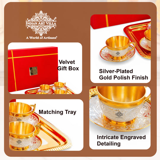 Pure Silver Plated Gold Polished 6 Cup Saucers with 1 Tray