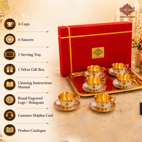 Pure Silver Plated Gold Polished 6 Cup Saucers with 1 Tray