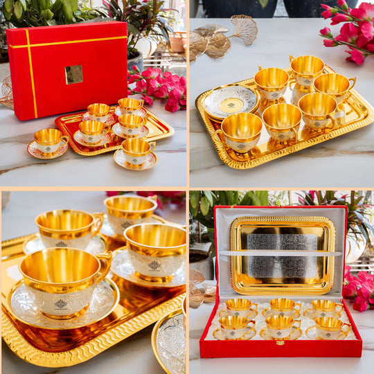 Pure Silver Plated Gold Polished 6 Cup Saucers with 1 Tray