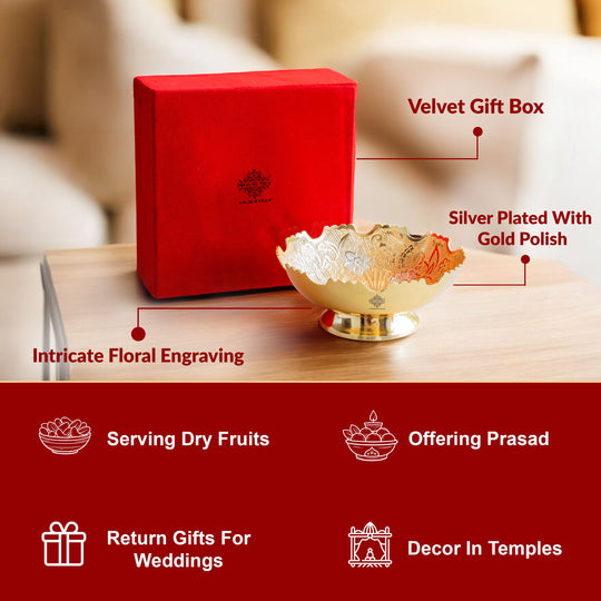 Handcrafted Pure Silver Plated Gold Polished Designer Bowl with Red Gift Box