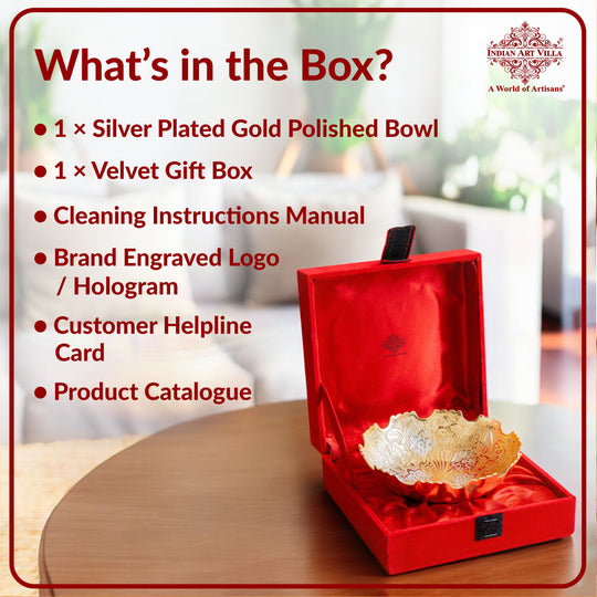 Handcrafted Pure Silver Plated Gold Polished Designer Bowl with Red Gift Box