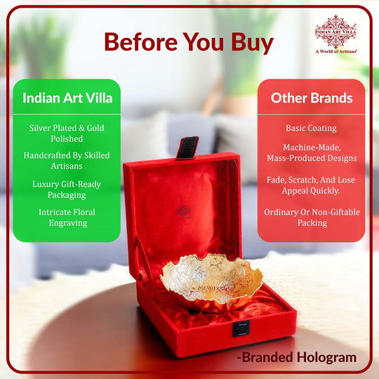 Handcrafted Pure Silver Plated Gold Polished Designer Bowl with Red Gift Box