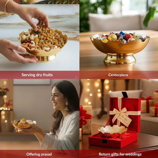 Handcrafted Pure Silver Plated Gold Polished Designer Bowl with Red Gift Box