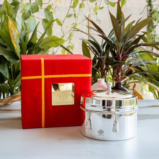 Handcrafted Pure Silver Plated Gold Polish Dry Fruits Box For Diwali, Festive Items