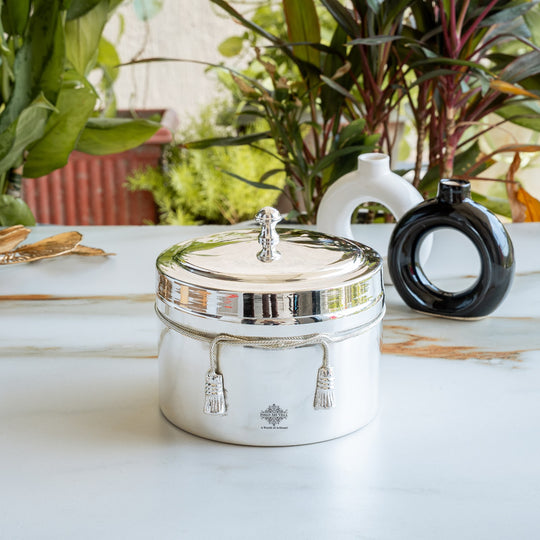 Handcrafted Pure Silver Plated Gold Polish Dry Fruits Box For Diwali, Festive Items