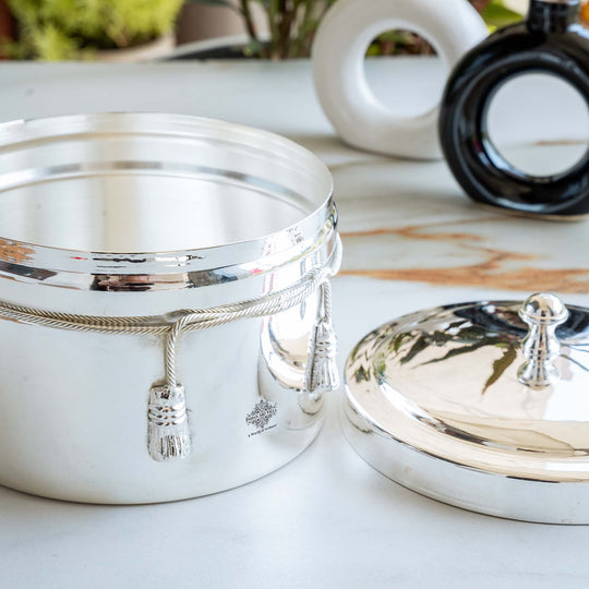 Handcrafted Pure Silver Plated Gold Polish Dry Fruits Box For Diwali, Festive Items