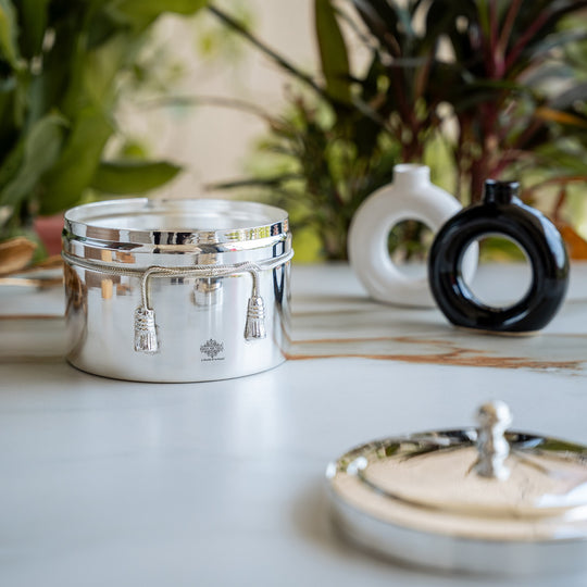 Handcrafted Pure Silver Plated Gold Polish Dry Fruits Box For Diwali, Festive Items