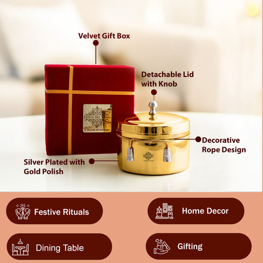 Handcrafted Pure Silver Plated Gold Polish Dry Fruits Box For Diwali, Festive Items