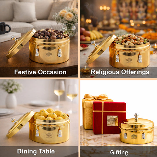 Handcrafted Pure Silver Plated Gold Polish Dry Fruits Box For Diwali, Festive Items