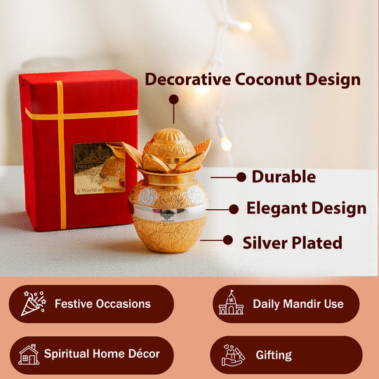 Handcrafted Silver Plated Gold Polished Designer Mangal Kalash with Coconut