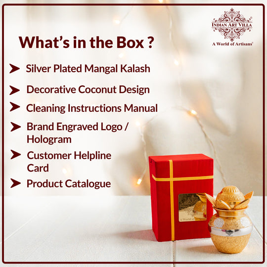 Handcrafted Silver Plated Gold Polished Designer Mangal Kalash with Coconut