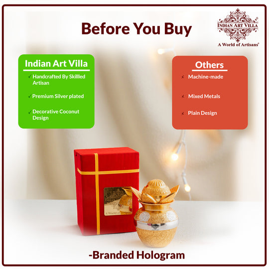 Handcrafted Silver Plated Gold Polished Designer Mangal Kalash with Coconut