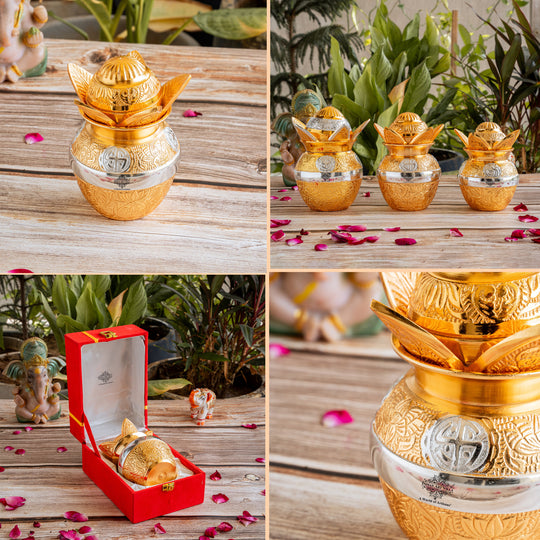 Handcrafted Silver Plated Gold Polished Designer Mangal Kalash with Coconut