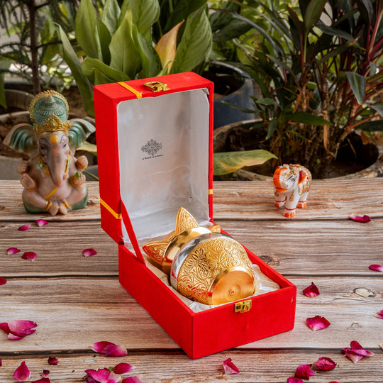 Handcrafted Silver Plated Gold Polished Designer Mangal Kalash with Coconut