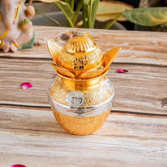 Handcrafted Silver Plated Gold Polished Designer Mangal Kalash with Coconut