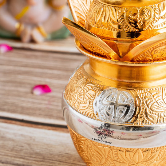 Handcrafted Silver Plated Gold Polished Designer Mangal Kalash with Coconut