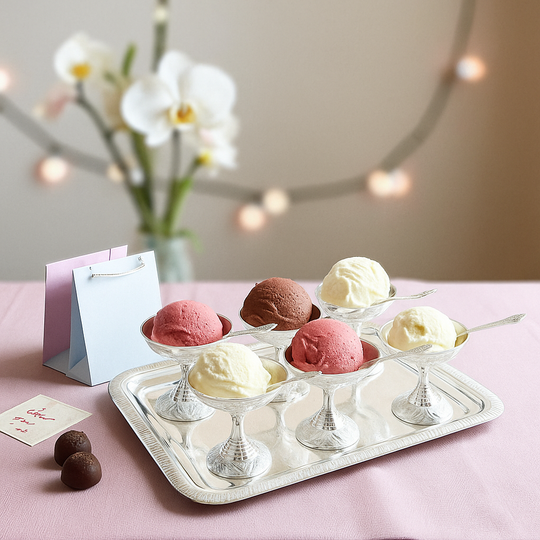 Silver Plated Designer Gift Set 6 Ice Cream Bowl with 6 Spoon & 1 Tray