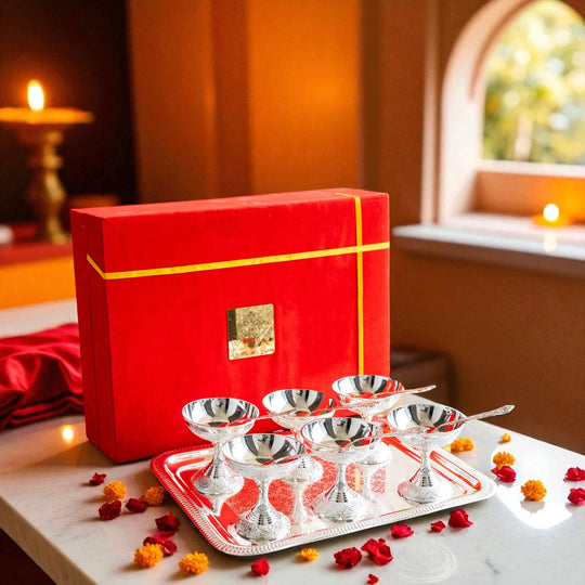 Silver Plated Designer Gift Set 6 Ice Cream Bowl with 6 Spoon & 1 Tray