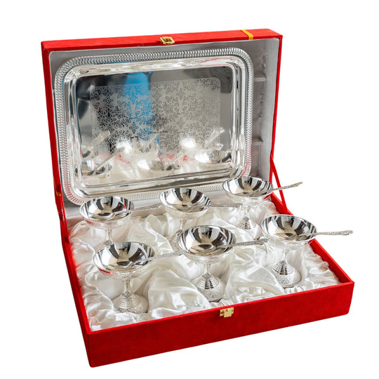 Silver Plated Designer Gift Set 6 Ice Cream Bowl with 6 Spoon & 1 Tray