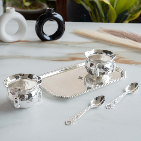 Handcrafted Silver Plated Flower Design Bowl 200ml with 2 Spoon, 1 Tray