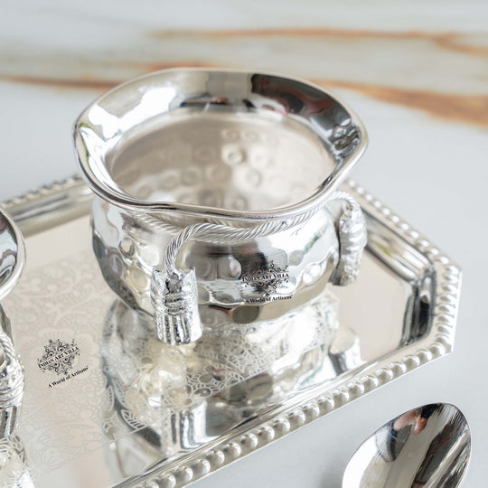 Handcrafted Silver Plated Flower Design Bowl 200ml with 2 Spoon, 1 Tray