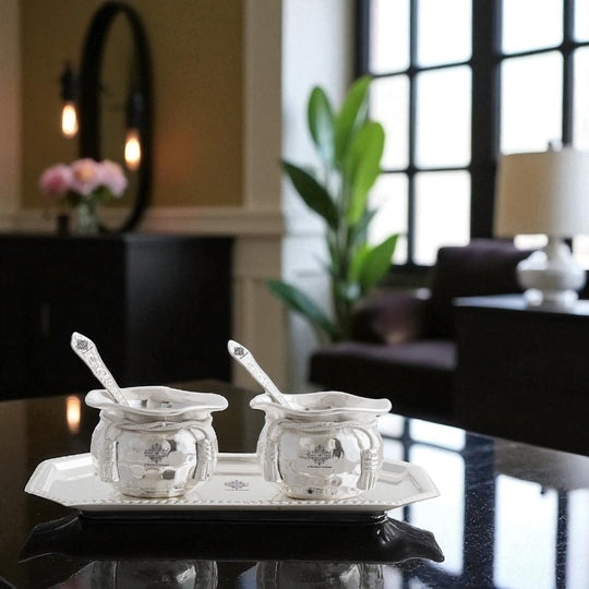 Handcrafted Silver Plated Flower Design Bowl 200ml with 2 Spoon, 1 Tray