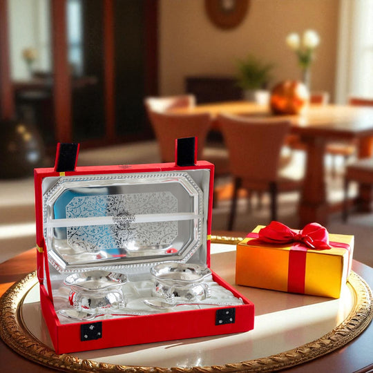 Handcrafted Silver Plated Flower Design Bowl 200ml with 2 Spoon, 1 Tray