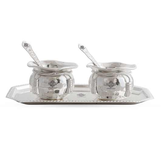 Handcrafted Silver Plated Flower Design Bowl 200ml with 2 Spoon, 1 Tray