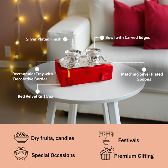 Handcrafted Silver Plated Flower Design Bowl 200ml with 2 Spoon, 1 Tray