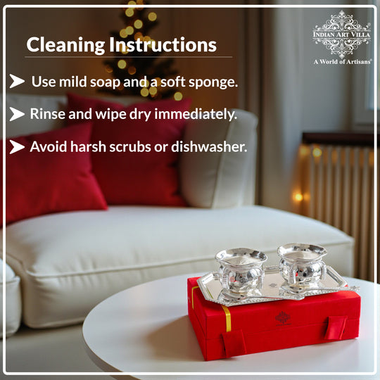 Handcrafted Silver Plated Flower Design Bowl 200ml with 2 Spoon, 1 Tray