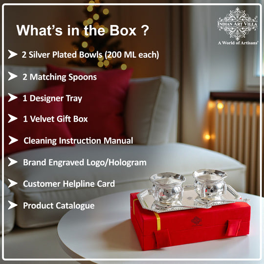 Handcrafted Silver Plated Flower Design Bowl 200ml with 2 Spoon, 1 Tray