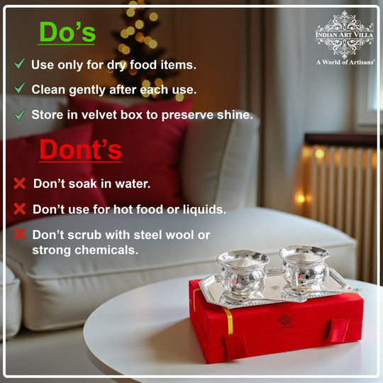 Handcrafted Silver Plated Flower Design Bowl 200ml with 2 Spoon, 1 Tray