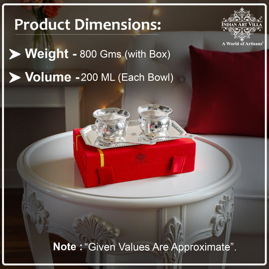 Handcrafted Silver Plated Flower Design Bowl 200ml with 2 Spoon, 1 Tray