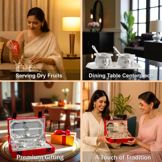 Handcrafted Silver Plated Flower Design Bowl 200ml with 2 Spoon, 1 Tray