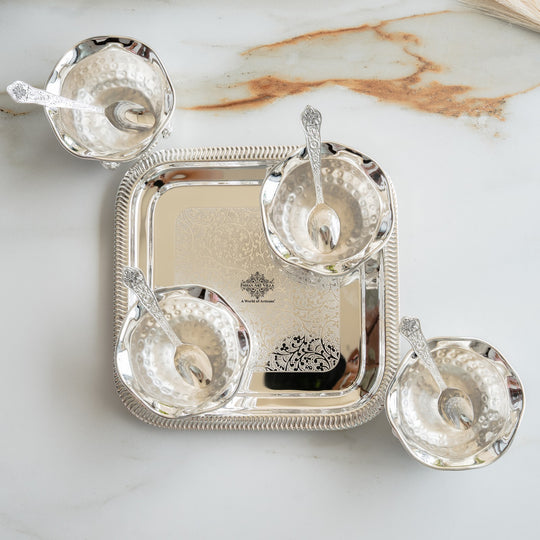 Silver Plated Hammer Bowl with 4 Spoon & Embossed Design 1 Tray