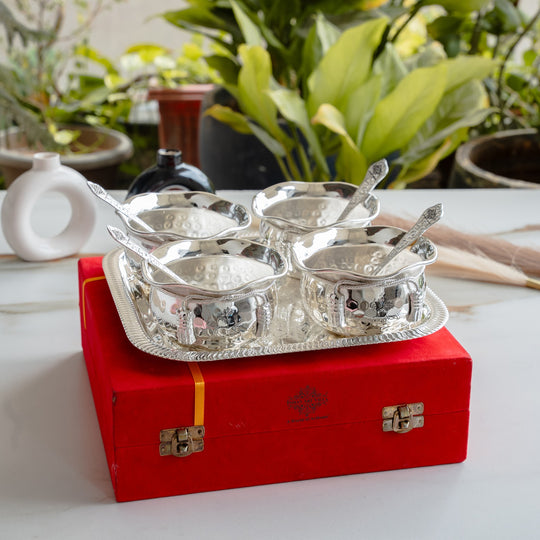 Silver plated hammer bowl 4 spoon 1 tray side view — Indian Art Villa