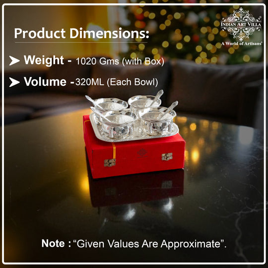 Silver Plated Hammer Bowl with 4 Spoon & Embossed Design 1 Tray