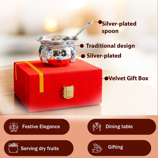 Silver Plated Handmade 1 M design Bowl 180 ML with 1 Spoon