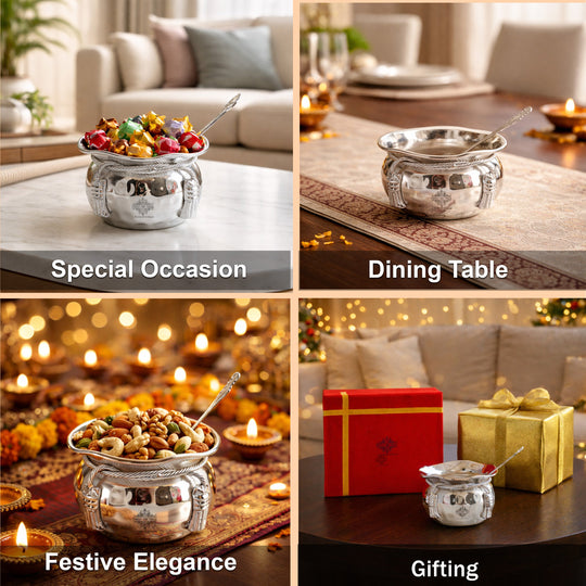 Silver Plated Handmade 1 M design Bowl 180 ML with 1 Spoon