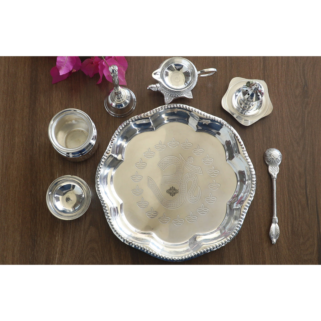 Indian Art Villa Handmade Decorative Silver Plated Om Design Pooja Thali Aarti Thali Set of 7 pieces with Gift Box Packing - Temple Workship Festivals Occasion Home Decore  Gift item