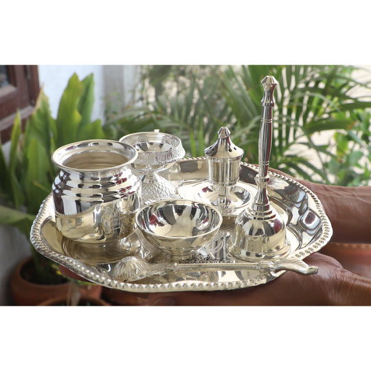 Silver plated Om design Aarti Thali set side angle — Indian Art Villa