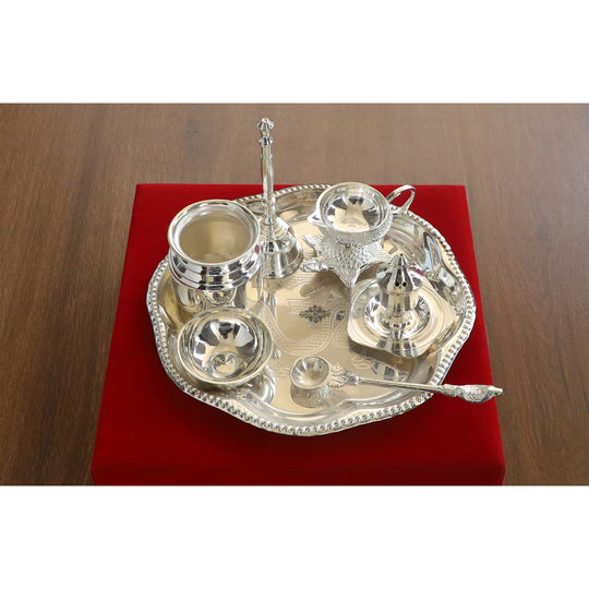 Handmade Decorative Silver Plated Om Design Pooja Thali Aarti Thali Set of 7 pieces with Gift Box Packing - Temple Workship Festivals Occasion Home Decore Gift item