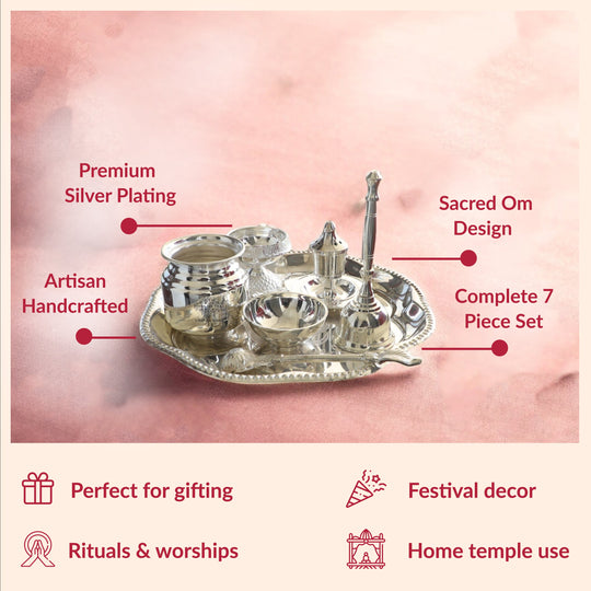 Handmade Decorative Silver Plated Om Design Pooja Thali Aarti Thali Set of 7 pieces with Gift Box Packing - Temple Workship Festivals Occasion Home Decore  Gift item